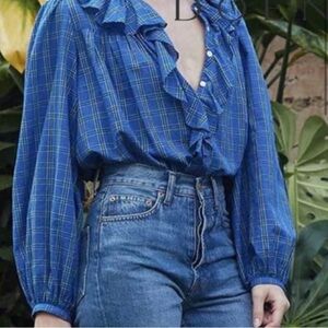 DÔEN 100% cotton blue ruffle plaid shirt - XS
